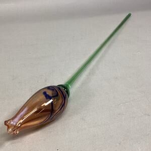 Handblown Peach Blue Green Glass Flower And Stem - 23”L